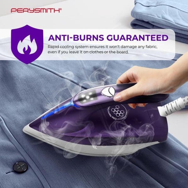PerySmith SteamPro V1 Max II steam iron with anti-burns guarantee feature, showing rapid cooling system and steam emission on blue fabric with folded clothes background.