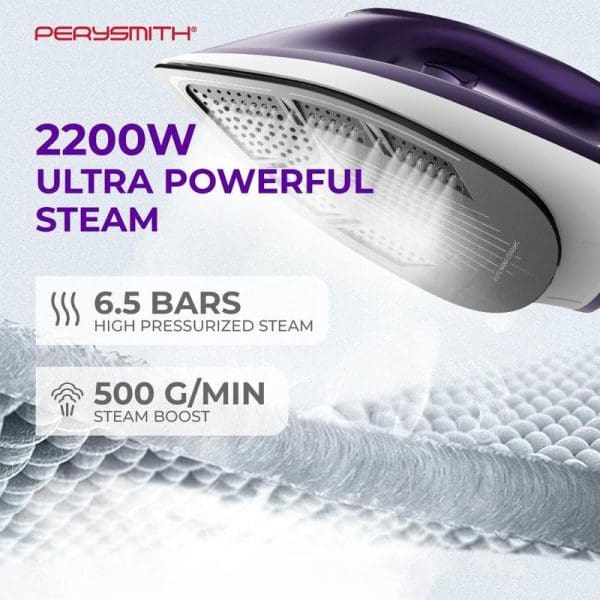 PerySmith Steam Generator Iron featuring 2200W ultra powerful steam, 6.5 bars high pressurized steam, and 500 g/min steam boost capability on white fabric background.