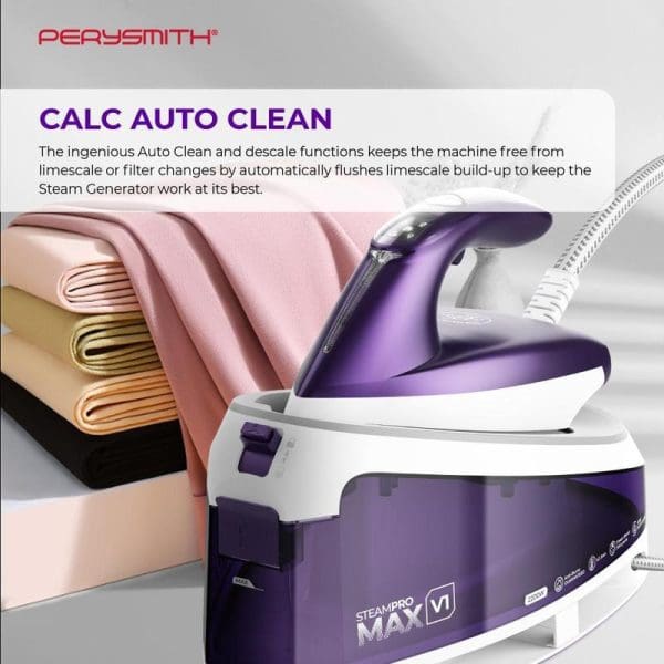 PerySmith Steam Generator Iron SteamPro Max V1 in purple and white with auto clean feature, positioned next to folded colorful fabrics.