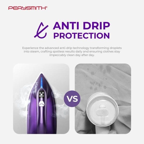 PerySmith Steam Generator Iron featuring anti-drip protection technology, showing purple iron producing steam versus water droplets, demonstrating spotless ironing results and clean clothes.