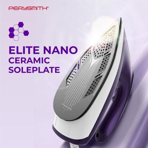 PerySmith Steam Generator Iron SteamPro Series V1 Max II with Elite Nano Ceramic Soleplate in purple and white design with No Burns Guarantee feature.