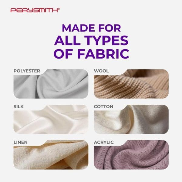 PerySmith Steam Generator Iron compatible with all fabric types including polyester, wool, silk, cotton, linen, and acrylic materials shown in product advertisement.