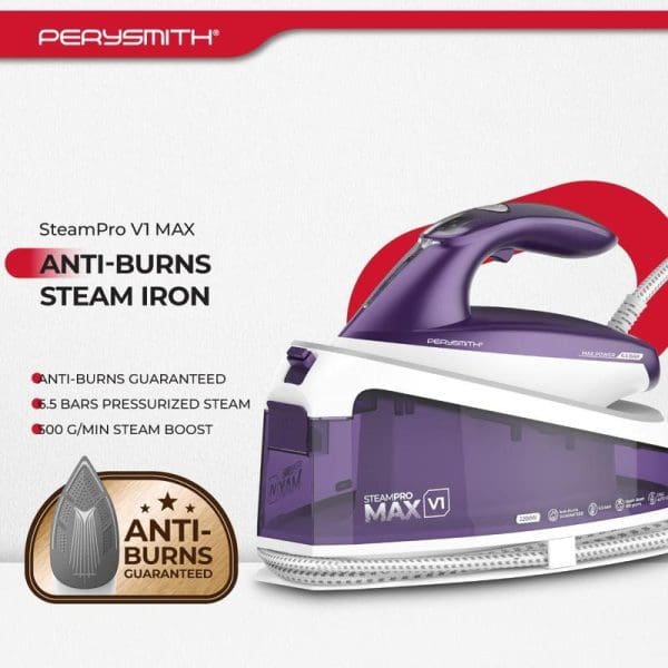 PerySmith SteamPro V1 MAX anti-burns steam iron in purple with 6.5 bars pressurized steam, 300g/min steam boost, and anti-burns guarantee badge displayed.