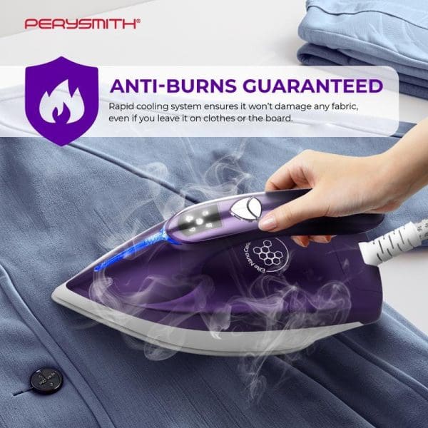 PerySmith Steam Generator Iron with anti-burns guarantee feature, showing rapid cooling system and steam technology on blue fabric with folded clothes in background.