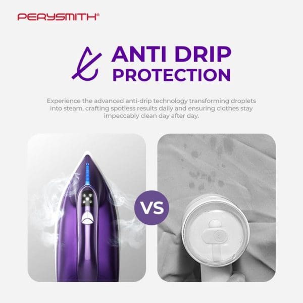 PerySmith Anti Drip Protection Steam Generator Iron showing purple iron with steam versus water droplet comparison, highlighting advanced anti-drip technology for spotless ironing results.