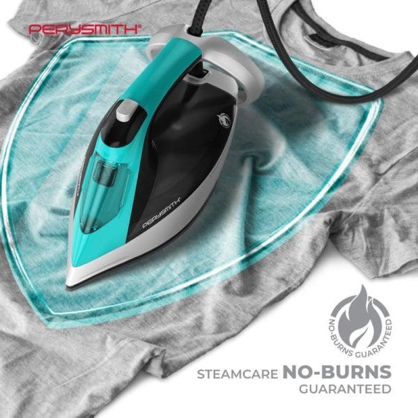 PerySmith Steam Iron E200 Max in turquoise and black on gray fabric, featuring SteamCare technology with no-burns guarantee and protective steam outline.