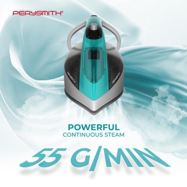 PerySmith Steam Iron Steamcare Series E200 Max in turquoise and gray with continuous steam technology, featuring powerful 55 g/min steam output and no burns guarantee.