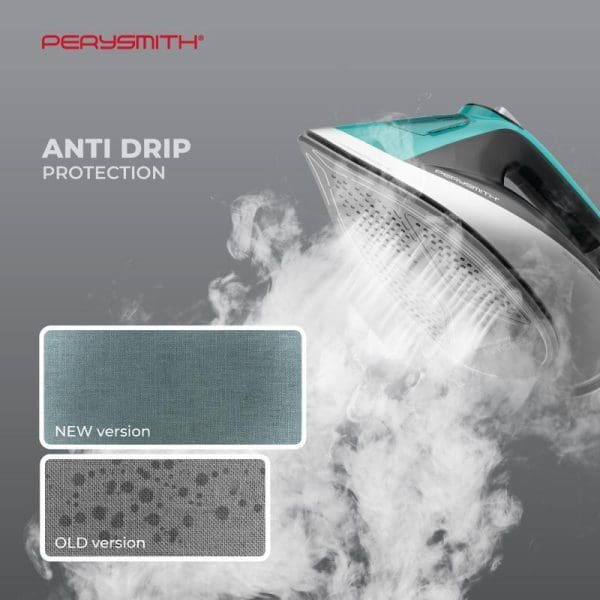 PerySmith Steam Iron E200 Max with anti-drip protection feature, showing steam output and comparison between new teal version and old gray version.