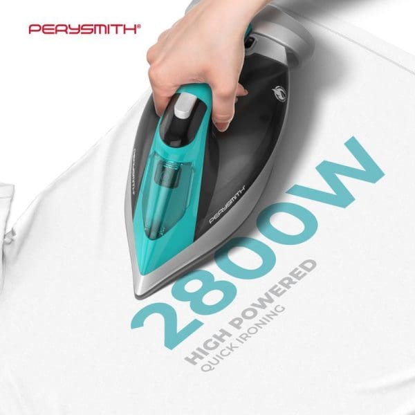 PerySmith Steam Iron E200 Max with turquoise and gray design being held over white fabric, featuring 2800W high-powered quick ironing technology.