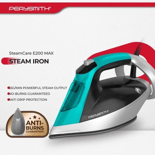 PerySmith SteamCare E200 MAX Steam Iron with turquoise and gray design, featuring 55g/min steam output, no-burns guarantee, and anti-drip protection technology.