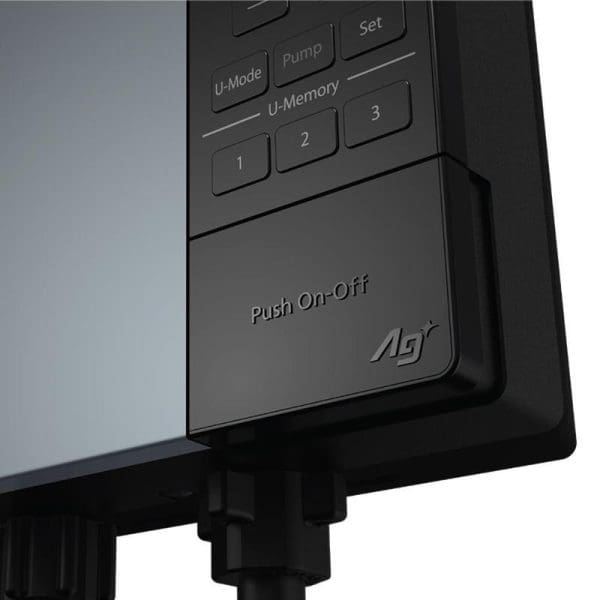Close-up view of Panasonic DH-3UDP1MZ Jet Pump U Series Water Heater control panel showing U-Mode, Pump, Set, U-Memory buttons and Push On-Off switch.