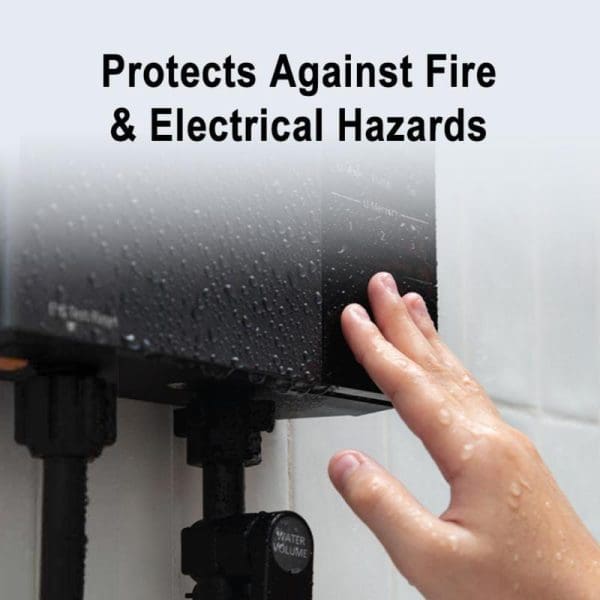 Hand reaching toward black Panasonic DH-3UDP1MZ Jet Pump U Series Water Heater with water droplets, featuring fire and electrical hazard protection technology.