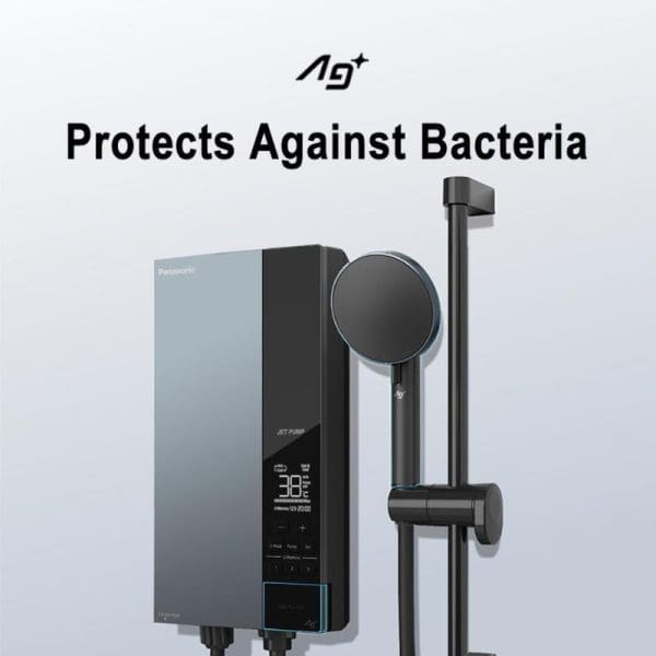 Panasonic DH-3UDP1MZ Jet Pump U Series Water Heater with digital display and handheld shower head, featuring Ag+ technology that protects against bacteria.