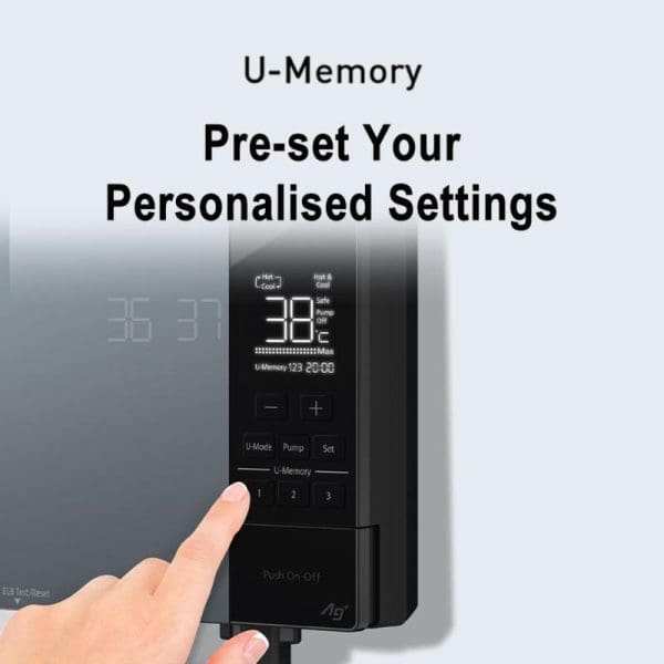 Panasonic DH-3UDP1MZ Jet Pump U Series Water Heater with U-Memory digital display showing temperature control and personalized settings preset feature with finger touching control panel.