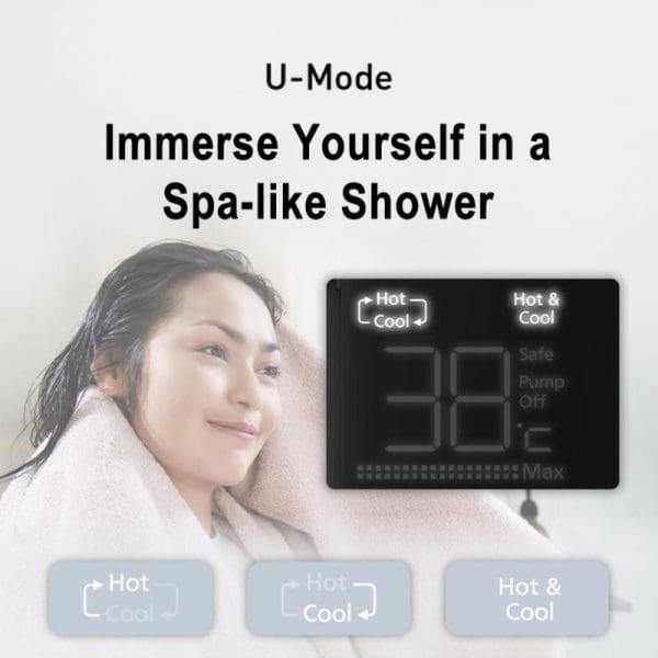 Panasonic DH-3UDP1MZ U-Series water heater with U-Mode spa-like shower feature, showing woman relaxing with digital temperature control display and hot/cool settings.