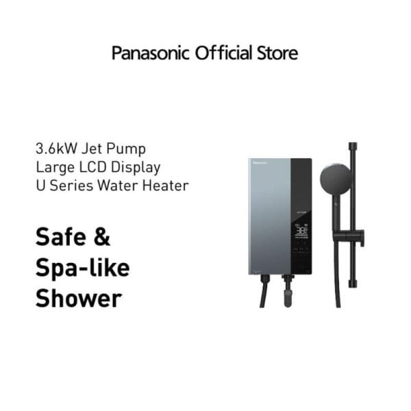 Panasonic DH-3UDP1MZ 3.6kW jet pump water heater with large LCD display and black shower head attachment for safe spa-like shower experience.