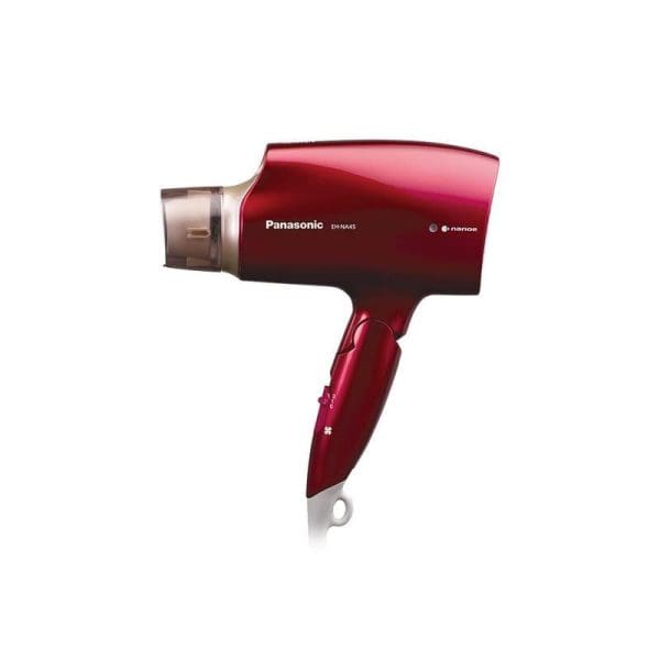 Panasonic EH-NA45 Nanoe Hair Dryer in red color with moisture technology, featuring ergonomic design and professional styling nozzle attachment on white background.