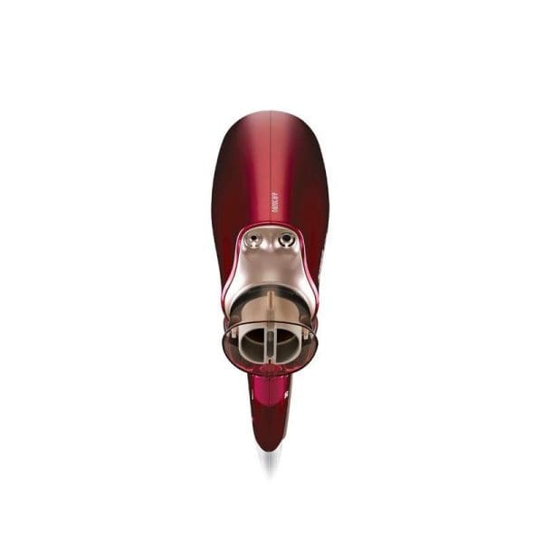 Panasonic EH-NA45 Nanoe Hair Dryer in red and rose gold color, featuring moisture technology, shown from bottom angle displaying nozzle and ionic technology components.
