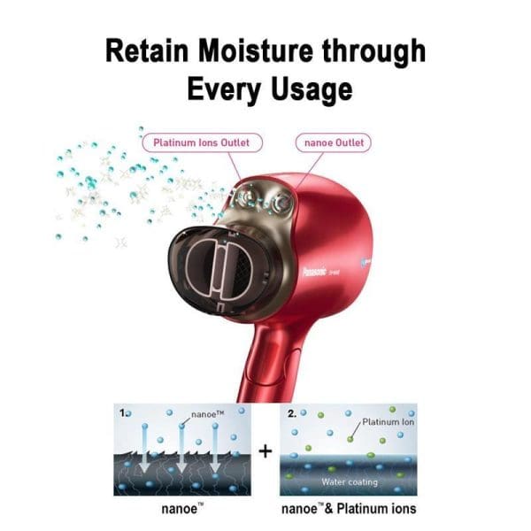 Panasonic EH-NA45 Nanoe Hair Dryer in red showing moisture retention technology with platinum ions and nanoe outlets for hair hydration during styling.