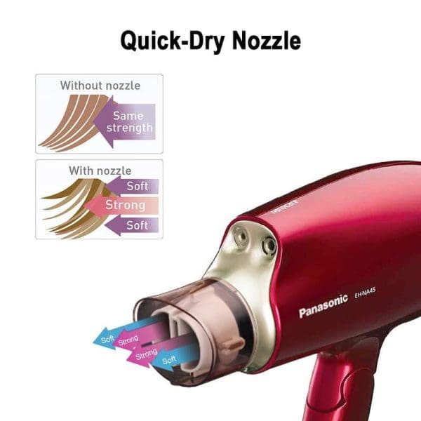Panasonic EH-NA45 Nanoe hair dryer in red with Quick-Dry Nozzle feature diagram showing airflow comparison with and without nozzle attachment for different drying strengths.