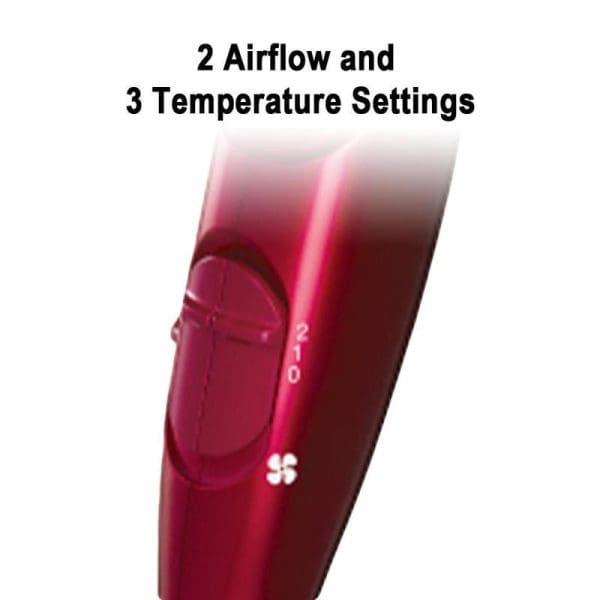 Panasonic EH-NA45 Nanoe Hair Dryer in burgundy red color showing control panel with 2 airflow and 3 temperature settings, featuring moisture technology for hair care.