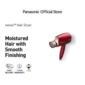 Panasonic EH-NA45 nanoe Hair Dryer in red color with moisture technology for smooth hair finishing, includes free delivery and 1-year warranty from official store.