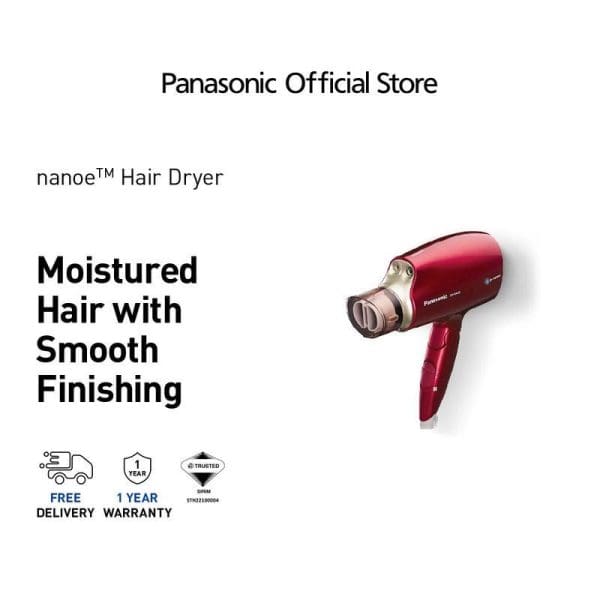 Panasonic EH-NA45 nanoe Hair Dryer in red color with moisture technology for smooth hair finishing, includes free delivery and 1-year warranty from official store.