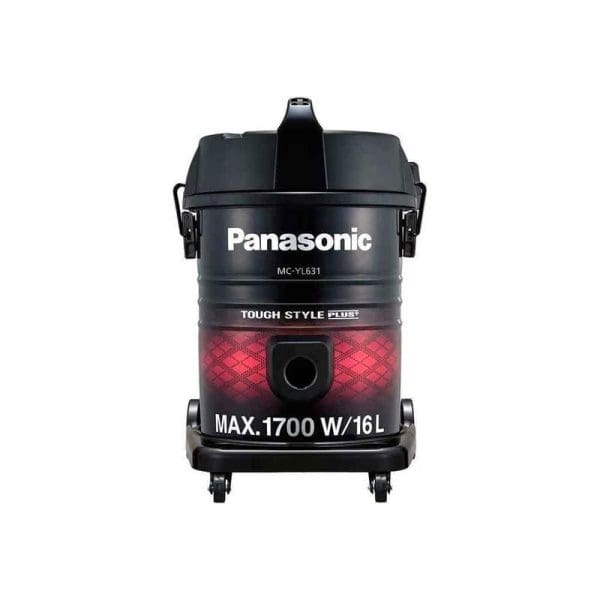 Panasonic MC-YL631 black and red vacuum cleaner with 1700W power, 16L capacity, featuring tough style design and wheels for mobility.