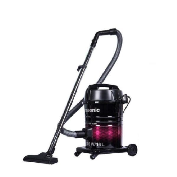 Panasonic MC-YL631 canister vacuum cleaner with black body, red transparent dust container, flexible hose, telescopic wand, floor nozzle and wheels on white background.