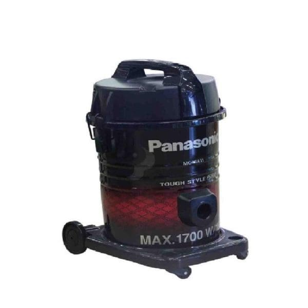 Panasonic MC-YL631 vacuum cleaner, 1700W power, black and red cylindrical design with wheels, carrying handle, and tough style branding on white background.