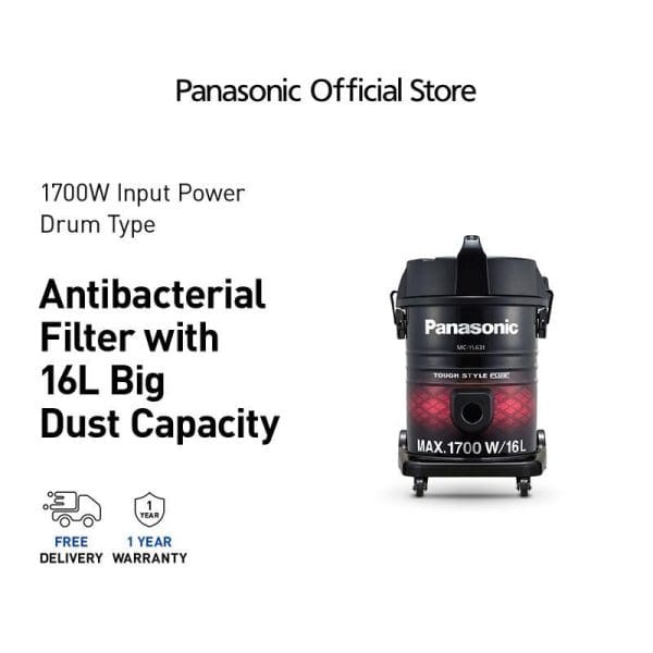 Panasonic MC-YL631 1700W drum vacuum cleaner with antibacterial filter, 16L dust capacity, red and black design, includes free delivery and 1-year warranty.