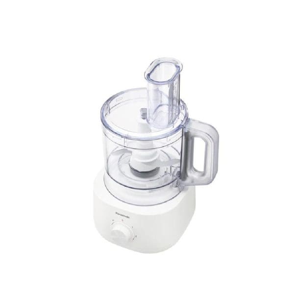 Panasonic MK-F310 white food processor with clear plastic bowl, lid, and feed tube, featuring 5 accessories for 18 different food preparation functions.
