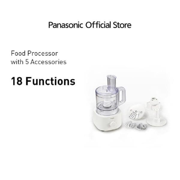 Panasonic MK-F310 white food processor with clear bowl and 5 accessories displayed, featuring 18 functions for versatile food preparation and cooking tasks.