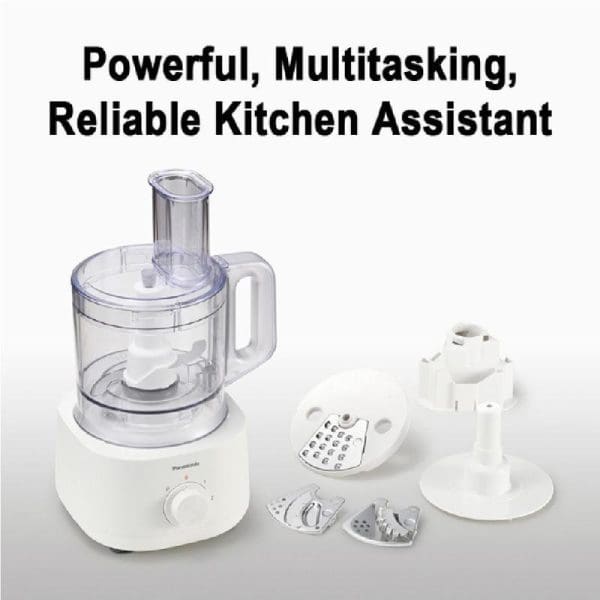 Panasonic MK-F310 white food processor with clear bowl and 5 accessories including grater discs and chopping blade for 18 kitchen functions.