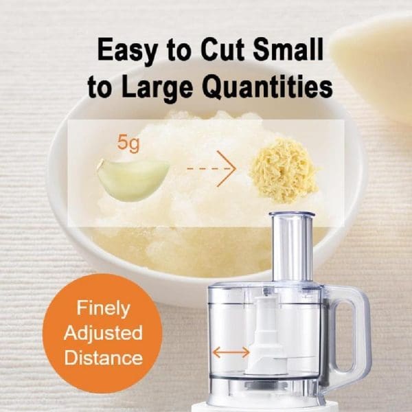 Panasonic MK-F310 food processor with 5 accessories showing easy cutting capability from small to large quantities with finely adjusted distance feature for 18 functions.