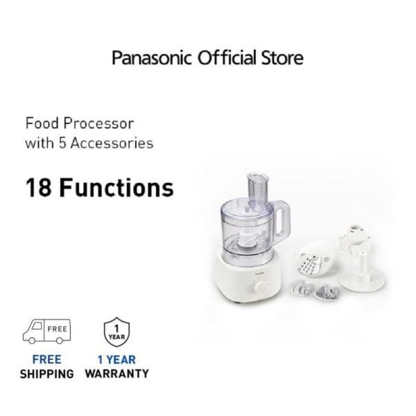 Panasonic MK-F310 white food processor with 5 accessories offering 18 functions, featuring clear bowl and multiple attachments, includes free shipping and 1-year warranty from official store.