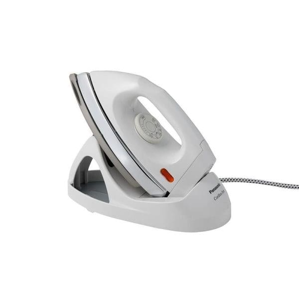 Panasonic NI-100DX cordless iron with white base station, 1000W power, non-stick soleplate, temperature control dial, and fabric cord for convenient wrinkle-free ironing.