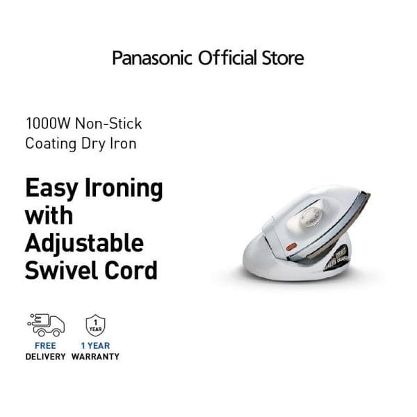 Panasonic NI-100DX 1000W cordless dry iron with non-stick coating and adjustable swivel cord, featuring free delivery and 1-year warranty from official store.