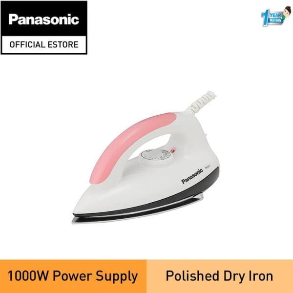 Panasonic NI-317W polished dry iron with pink handle, 1000W power supply, white and gray body, official estore product with 1-year warranty.
