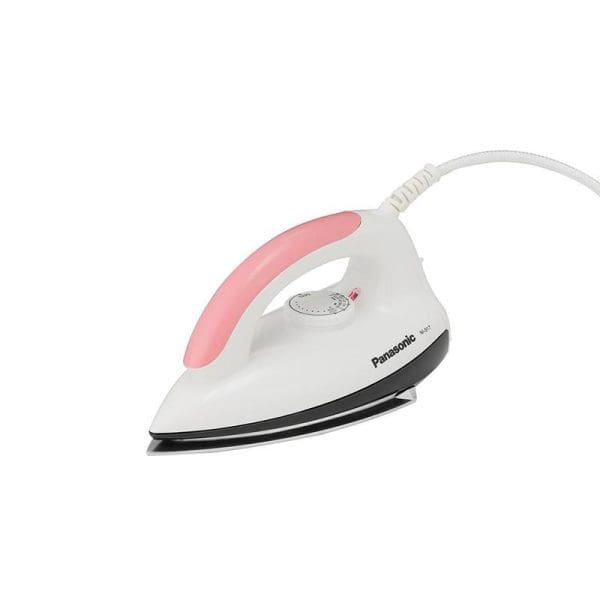 Panasonic NI-317W polished iron with white body, pink handle accents, temperature control dial, 1000W power, 0.9kg weight, and attached power cord on white background.
