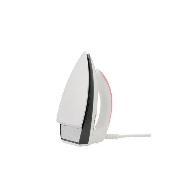 Panasonic NI-317W white and pink polished iron with black handle, 1000W power, 0.9KG weight, white power cord, isolated on white background.
