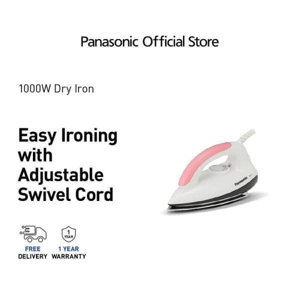 Panasonic NI-317W 1000W dry iron with pink handle, adjustable swivel cord, free delivery and 1-year warranty from official Panasonic store.