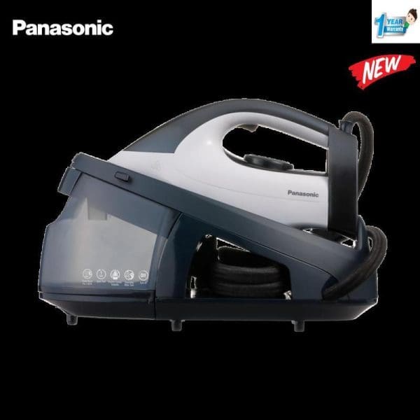 Panasonic NI-GT150ASK steam generator iron with white and navy blue design, featuring digital display, water tank, and steam hose on black background.