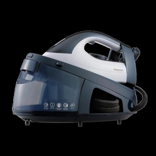 Panasonic NI-GT150ASK steam generator iron with white and grey design, featuring large water tank, ergonomic handle, and control panel with indicator lights on black background.