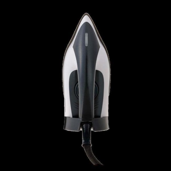 Panasonic NI-GT150ASK steam generator iron with white and gray design, pointed soleplate, and black power cord against black background