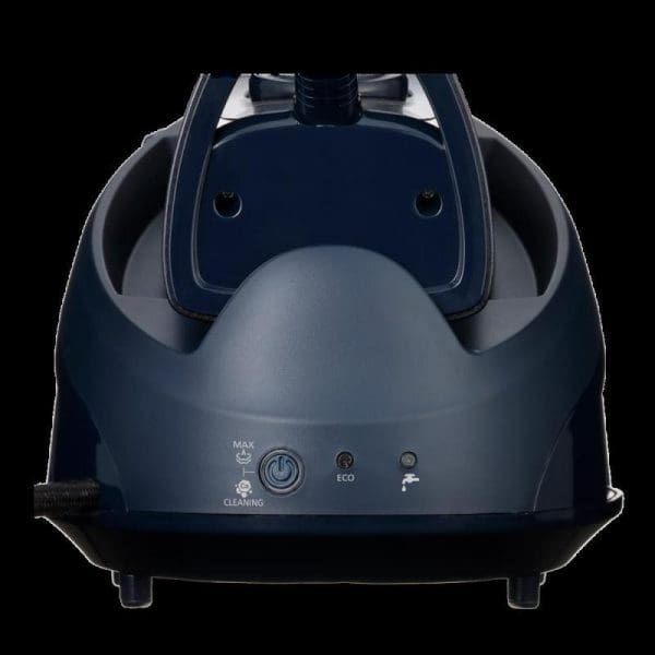 Panasonic NI-GT150ASK steam generator iron in blue and gray with control panel showing MAX, ECO, and CLEANING buttons on black background