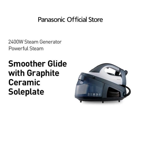 Panasonic NI-GT150ASK steam generator iron with 2400W power, graphite ceramic soleplate, and blue water tank for effortless ironing from Panasonic Official Store.