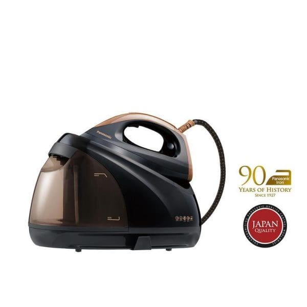 Panasonic NI-GT500 Anti-Calc Steam Generator Iron in black and rose gold with water tank, featuring 90 years history badge and Japan Quality seal.