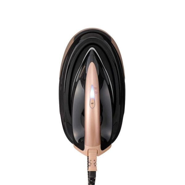 Panasonic NI-GT500 anti-calc steam generator iron in rose gold color with black base, featuring professional-level ironing technology and cord, displayed against white background.