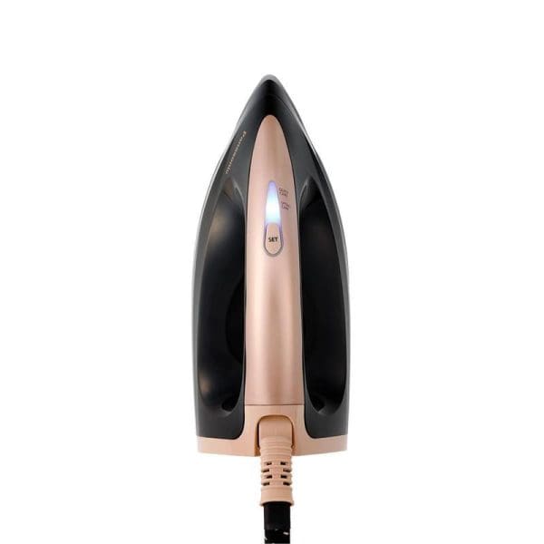 Panasonic NI-GT500 Anti-Calc Steam Generator Iron in black and rose gold with power cord, featuring professional-level ironing capabilities and anti-calc technology.